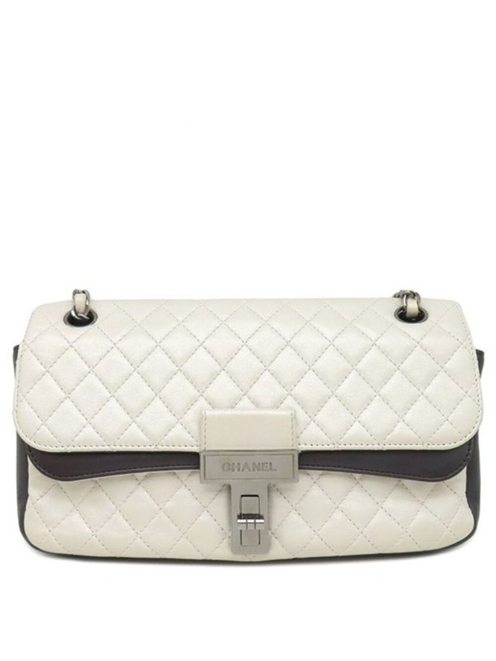 Chanel Shoulder Bag Quilted Chain Leather White Black Gunmetal Metallic Double